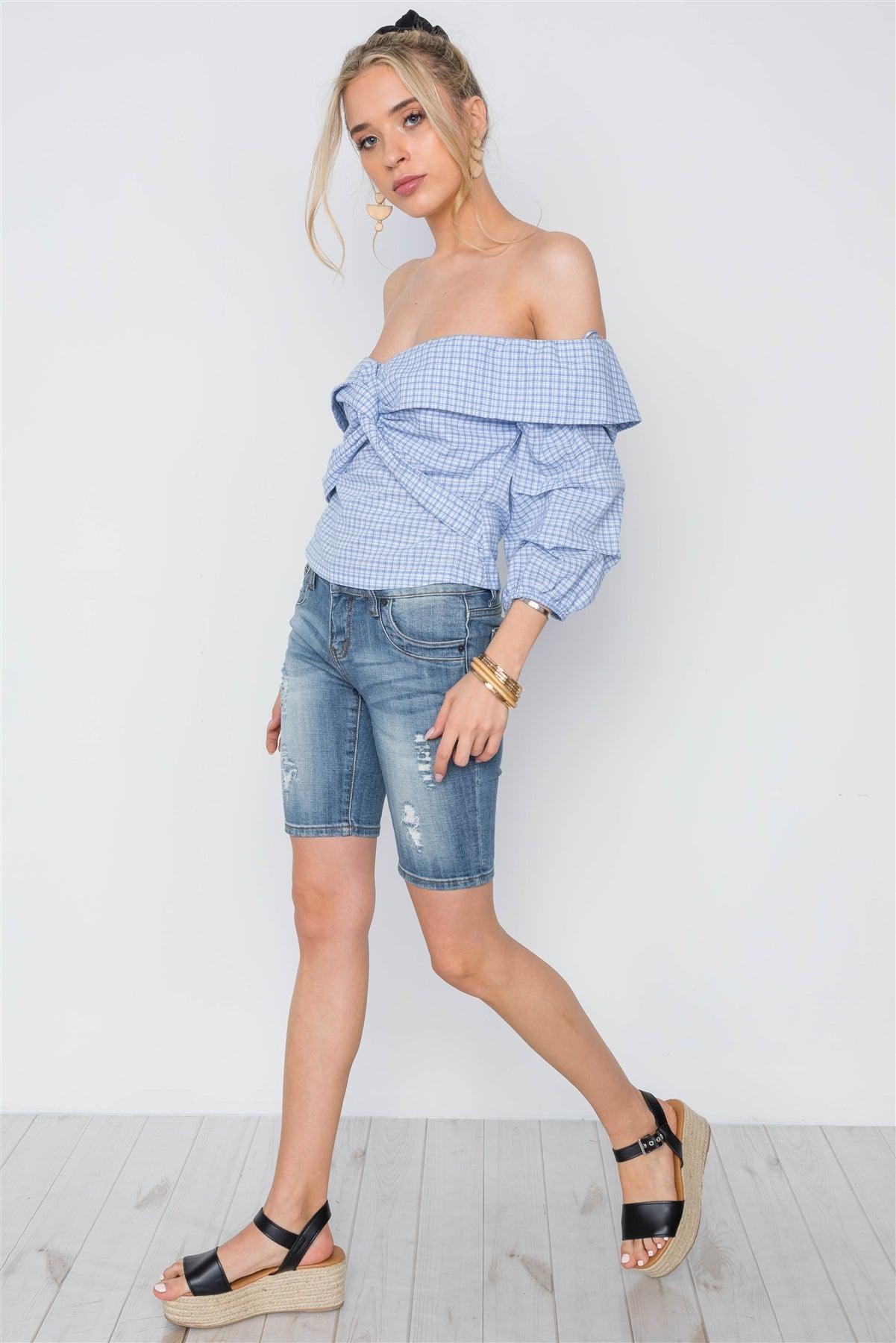 White Blue Plaid Twist Off-The-Shoulder Boho Top /2-2-2