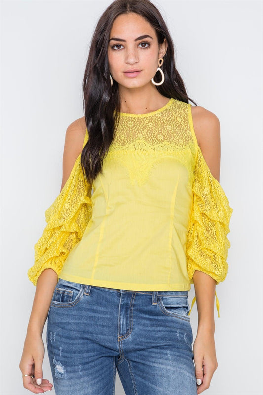 Yellow Cold Shoulder Puff Sleeves Lace Combo Top /2-2-2