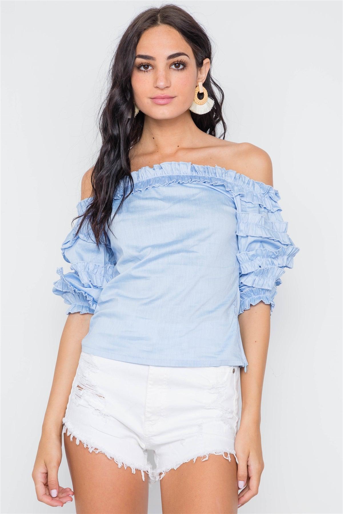 Blue Puff Sleeve Off-The-Shoulder Top /2-2-2