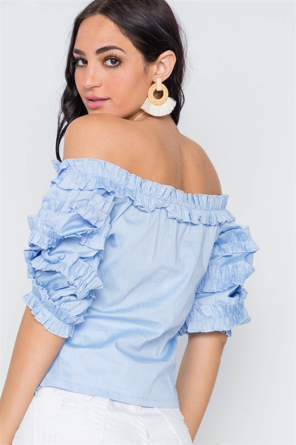 Blue Puff Sleeve Off-The-Shoulder Top /2-2-2