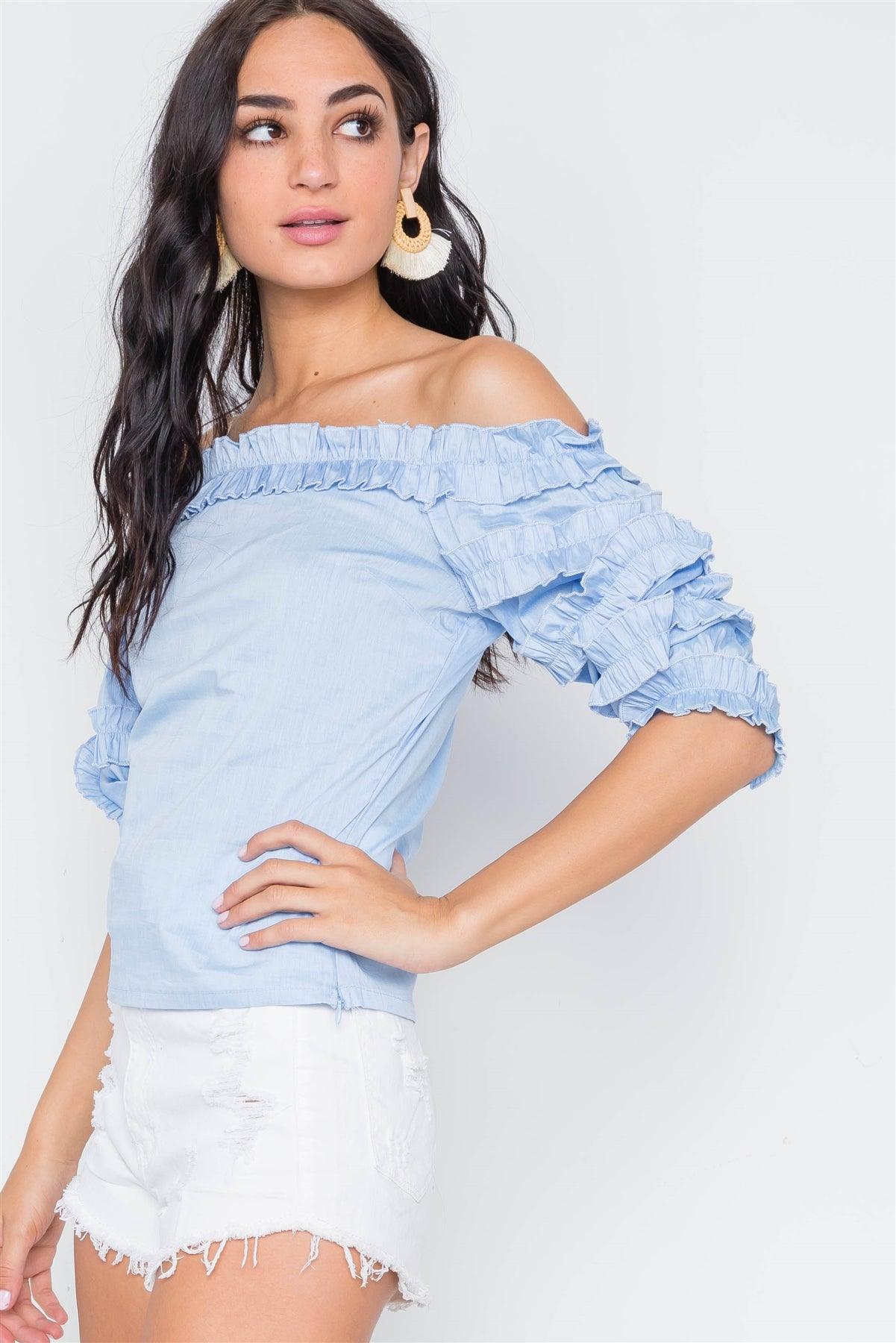 Blue Puff Sleeve Off-The-Shoulder Top /2-2-2