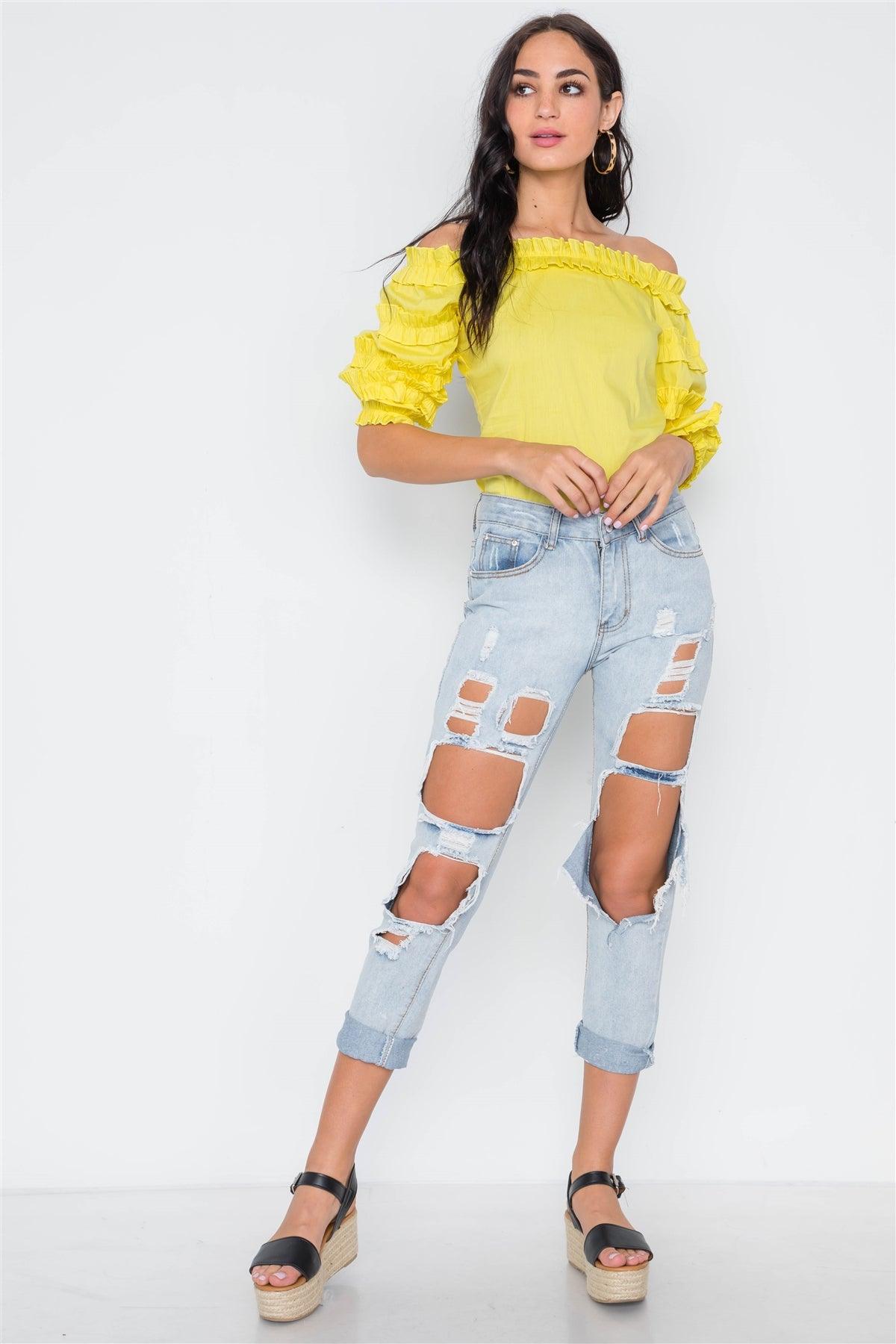 Yellow Puff Sleeve Off-The-Shoulder Top /2-2-2