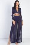 Navy Lurex Shoulder Pad Long Sleeve Collared Top & High Waist Side Slits Self-Tie Detail Pants Set /1-2-2