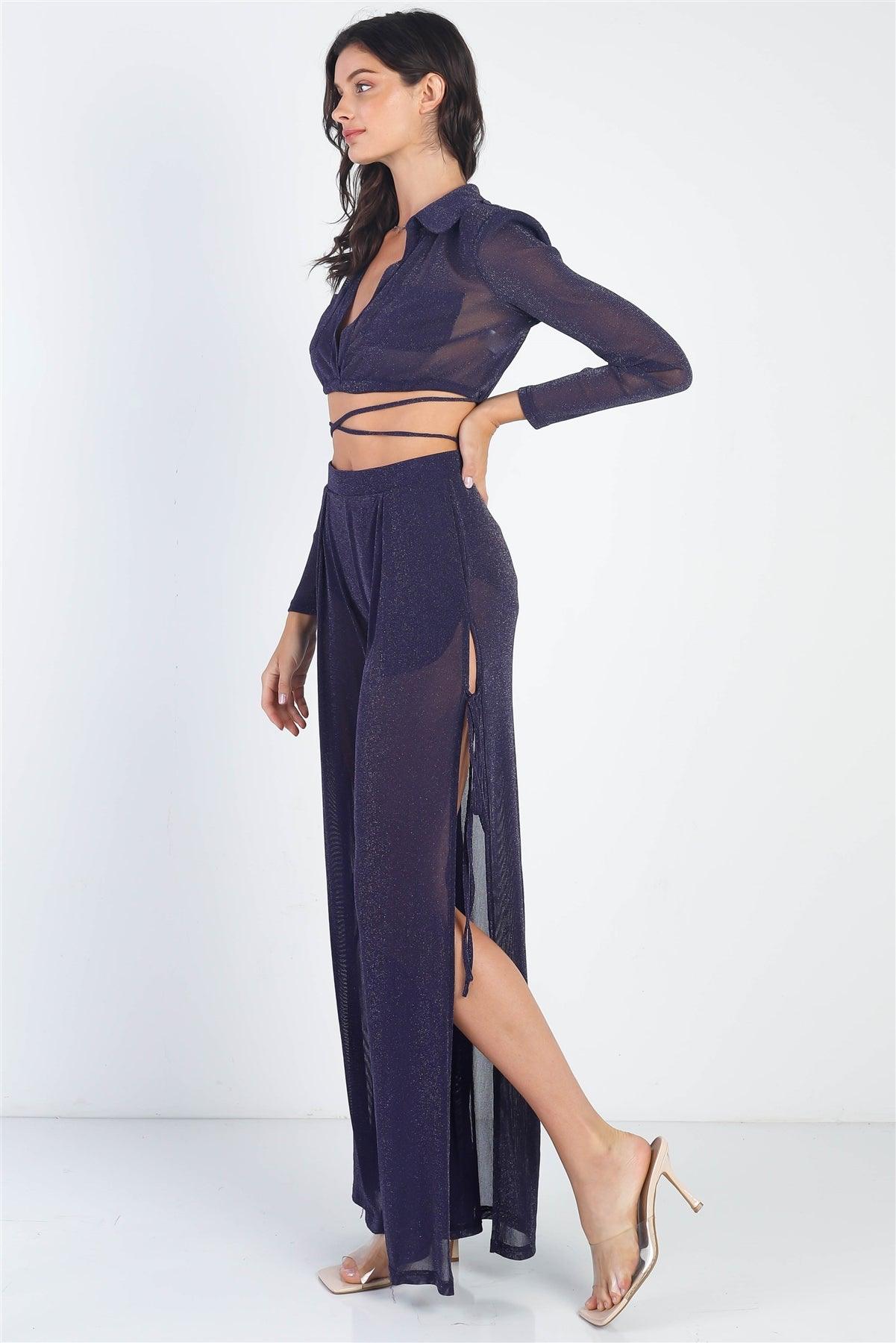 Navy Lurex Shoulder Pad Long Sleeve Collared Top & High Waist Side Slits Self-Tie Detail Pants Set /1-2-2