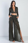 Olive Lurex Shoulder Pad Long Sleeve Collared Top & High Waist Side Slits Self-Tie Detail Pants Set /2-2