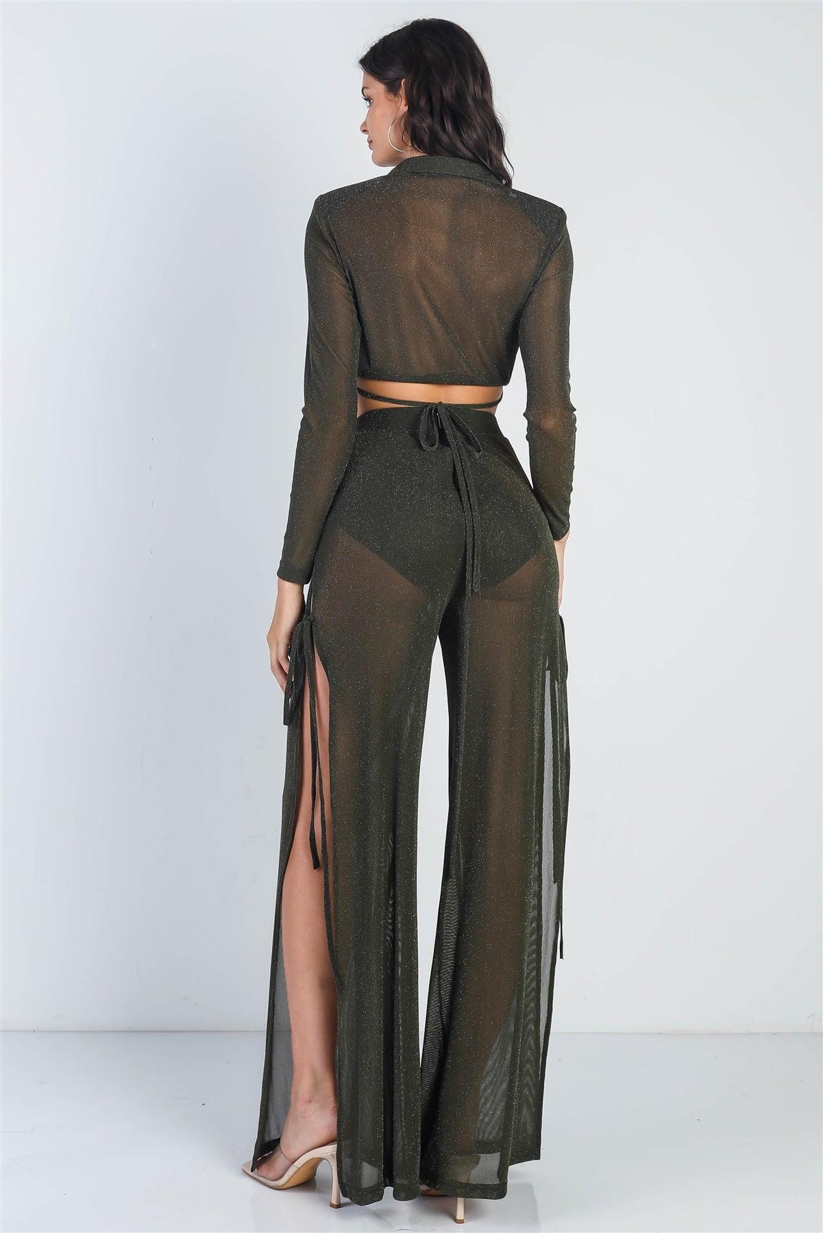 Olive Lurex Shoulder Pad Long Sleeve Collared Top & High Waist Side Slits Self-Tie Detail Pants Set /2-2