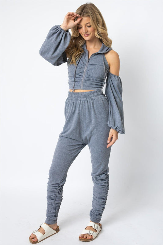 Grey Off-The-Shoulder Zip-Up Hooded Crop Top & High Waist Ruched Detail Jogging Pants Set /2-2-2