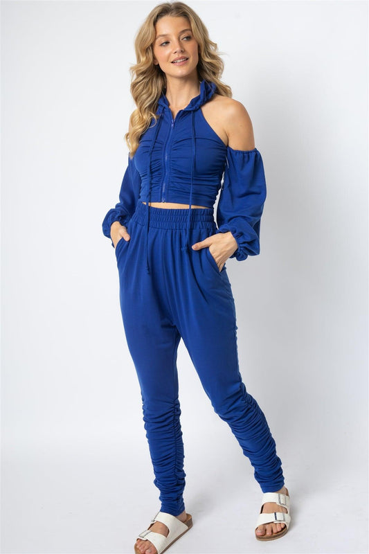 Royal Off-The-Shoulder Zip-Up Hooded Crop Top & High Waist Ruched Detail Jogging Pants Set /2-2-2