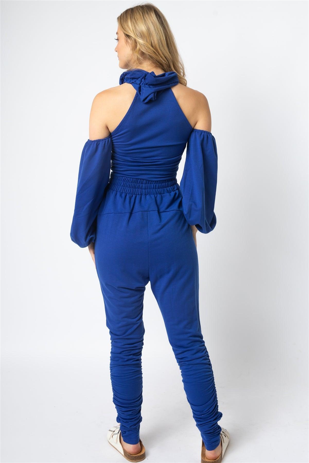 Royal Off-The-Shoulder Zip-Up Hooded Crop Top & High Waist Ruched Detail Jogging Pants Set /2-2-2