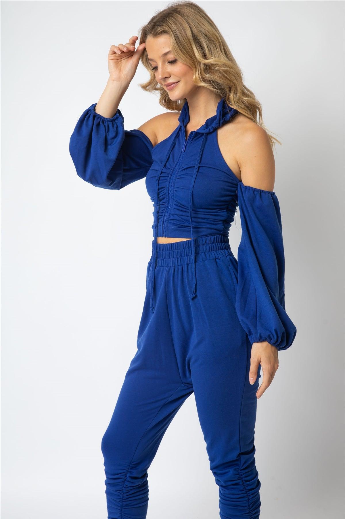 Royal Off-The-Shoulder Zip-Up Hooded Crop Top & High Waist Ruched Detail Jogging Pants Set /2-2-2