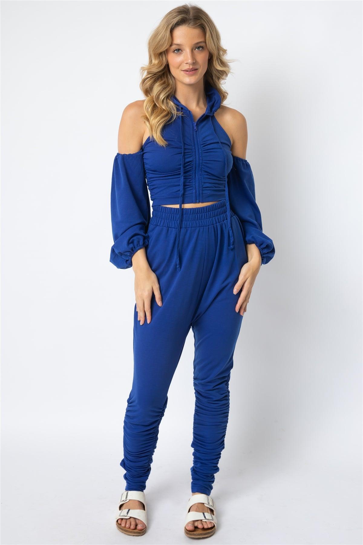 Royal Off-The-Shoulder Zip-Up Hooded Crop Top & High Waist Ruched Detail Jogging Pants Set /2-2-2