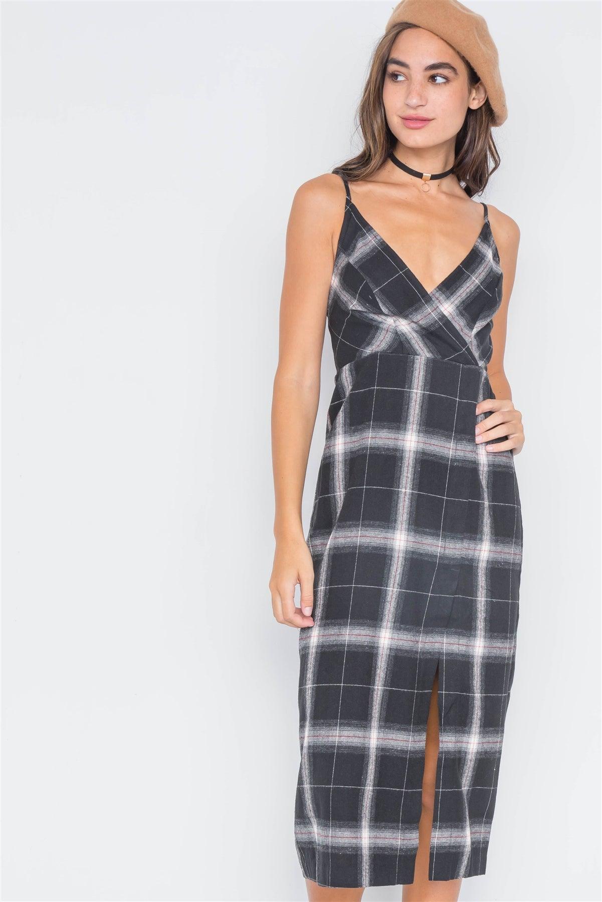 Black Plaid Cami Straps Front Slit Midi Dress /3-2-1