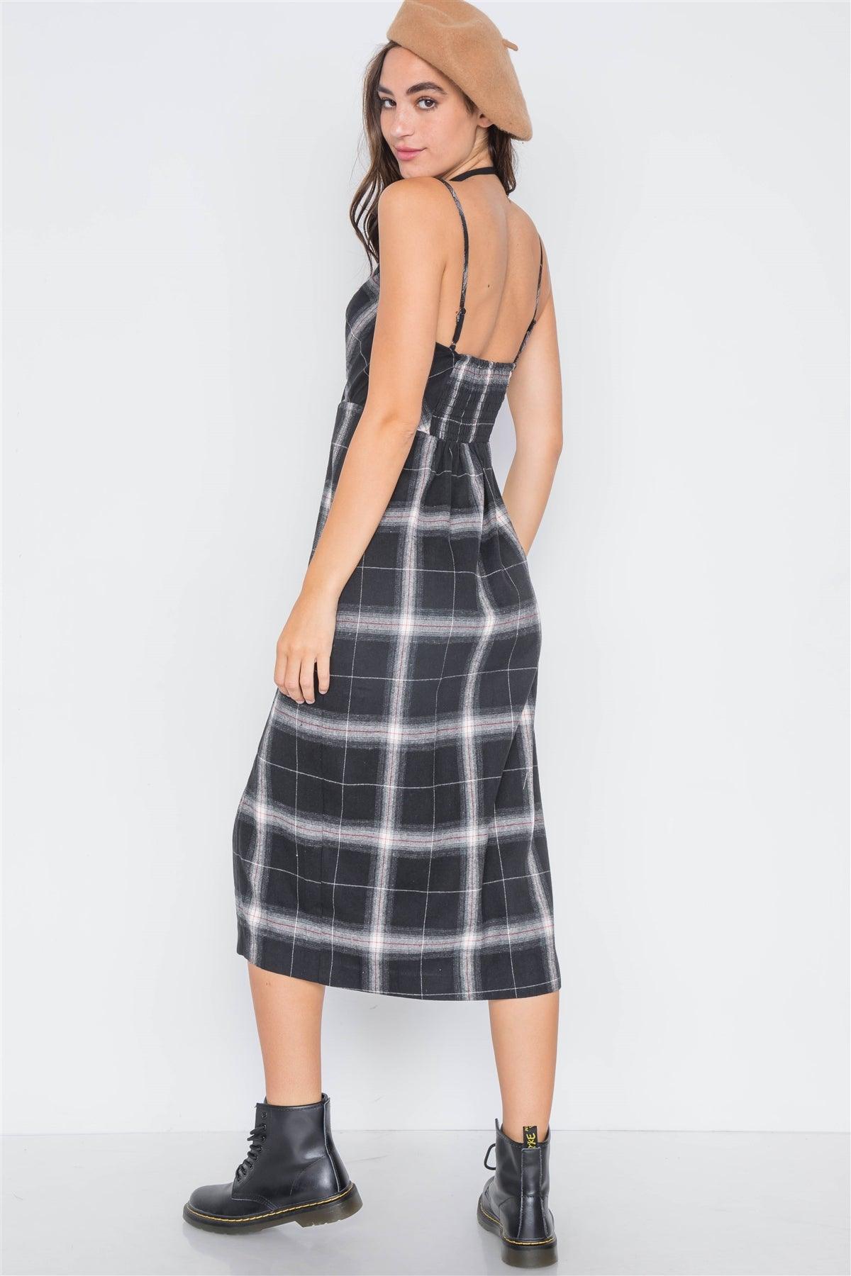 Black Plaid Cami Straps Front Slit Midi Dress /3-2-1