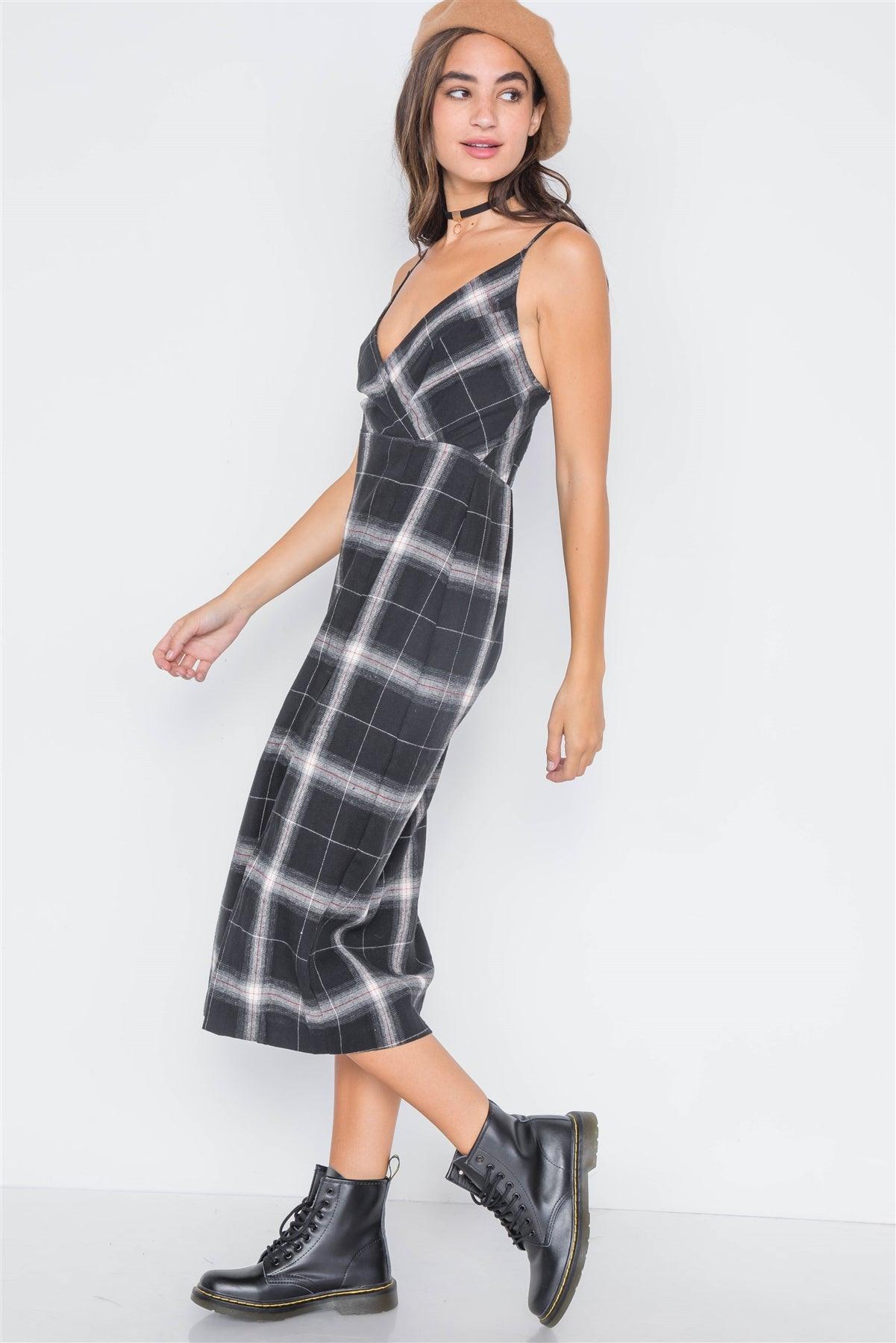 Black Plaid Cami Straps Front Slit Midi Dress /3-2-1