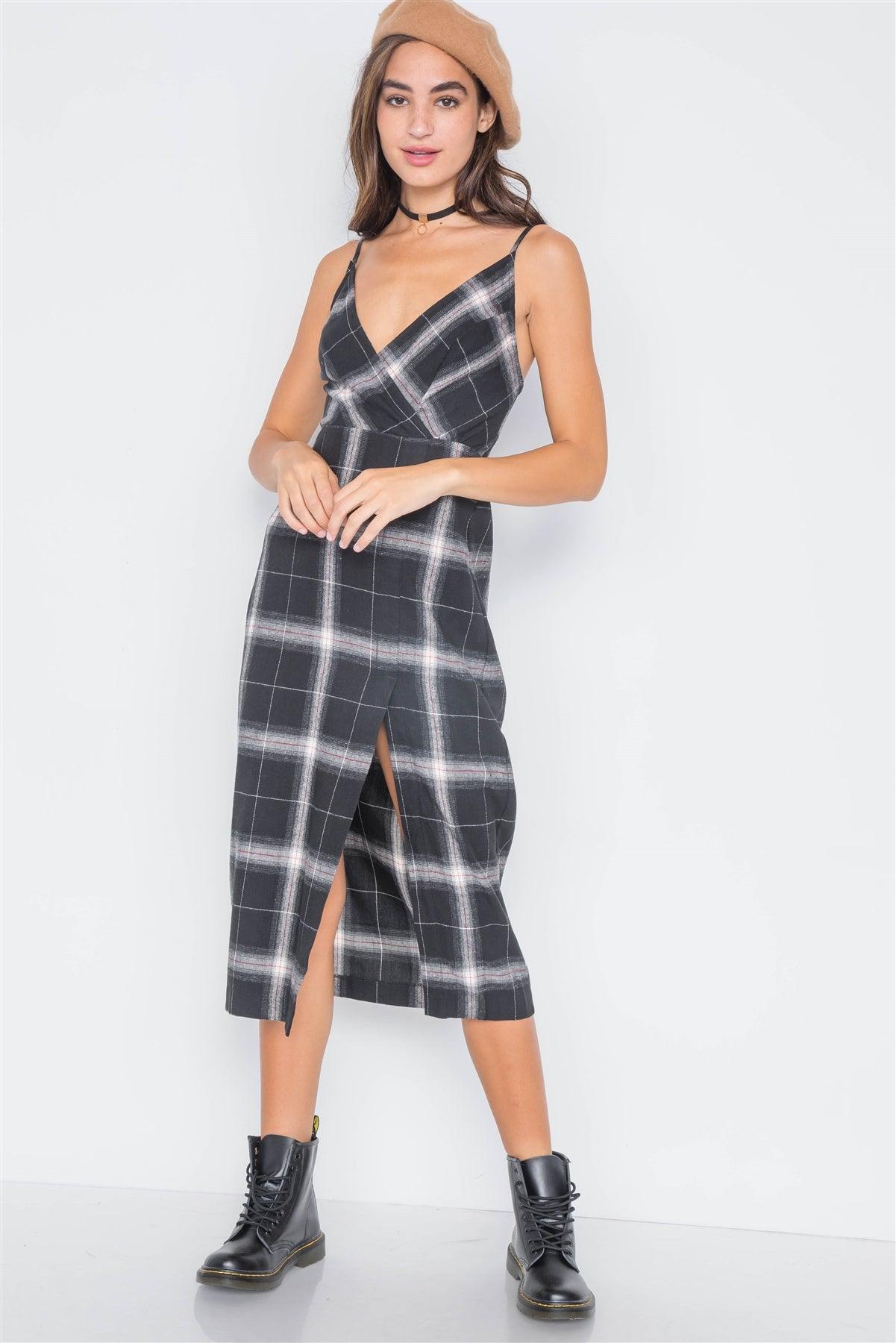 Black Plaid Cami Straps Front Slit Midi Dress /3-2-1