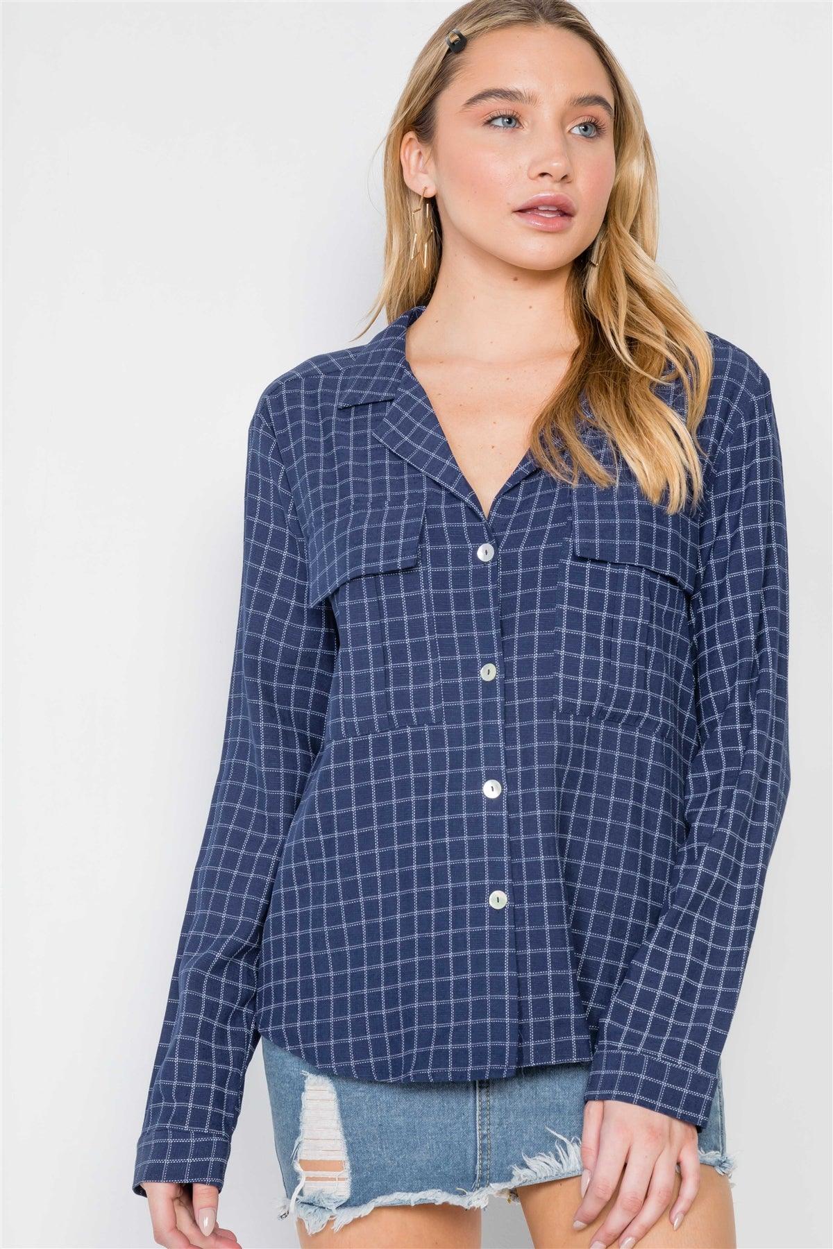 Navy Plaid Button Down Long Sleeve Top /2-2-2