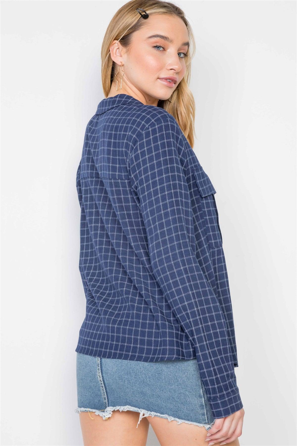 Navy Plaid Button Down Long Sleeve Top /2-2-2