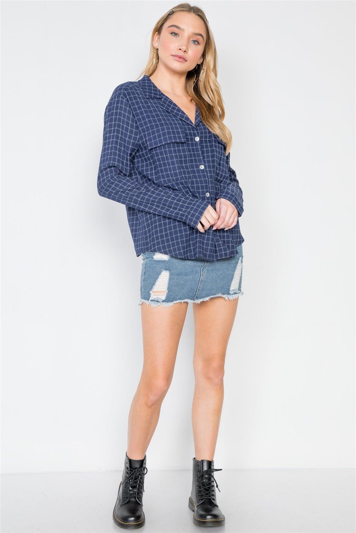 Navy Plaid Button Down Long Sleeve Top /2-2-2