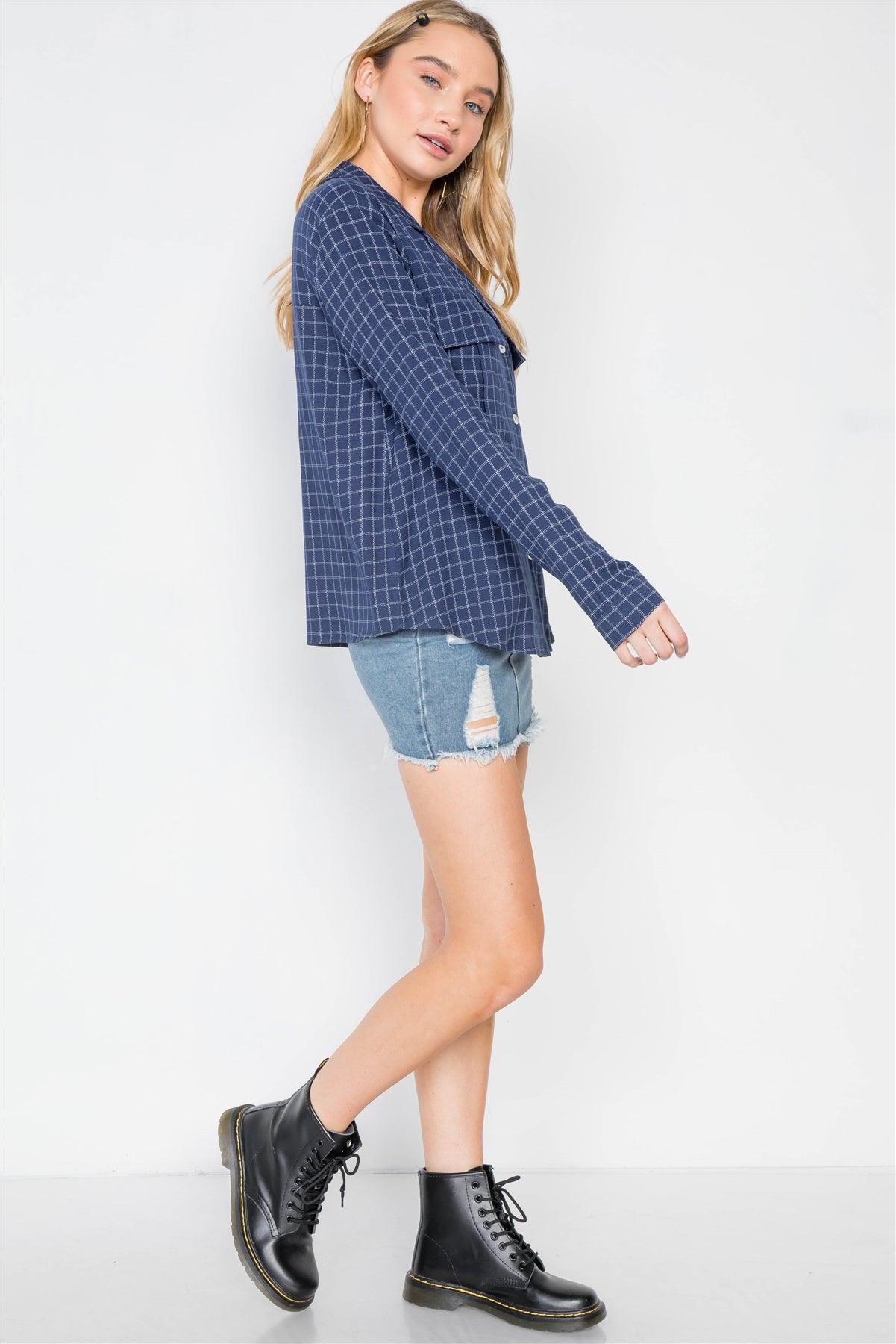 Navy Plaid Button Down Long Sleeve Top /2-2-2