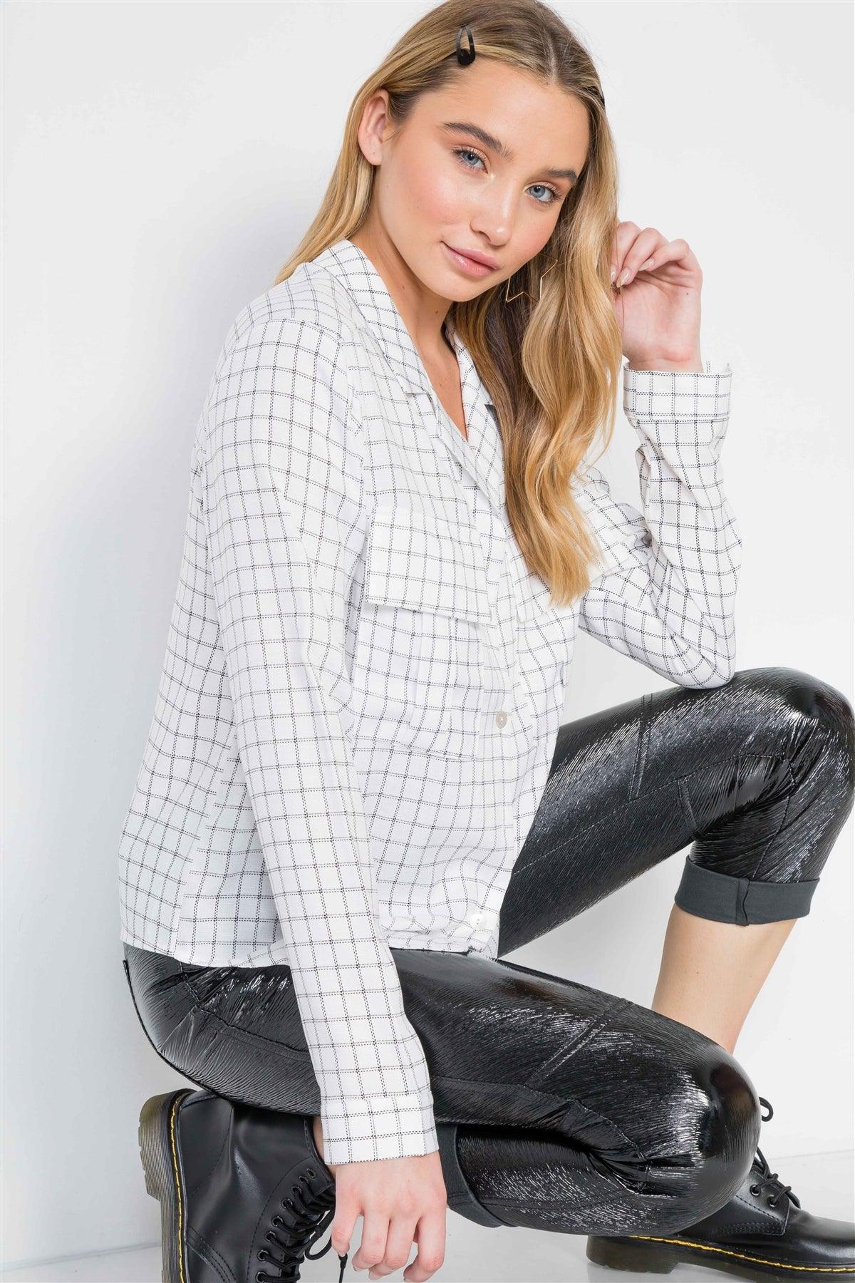 White Plaid Button Down Long Sleeve Top /2-2-2