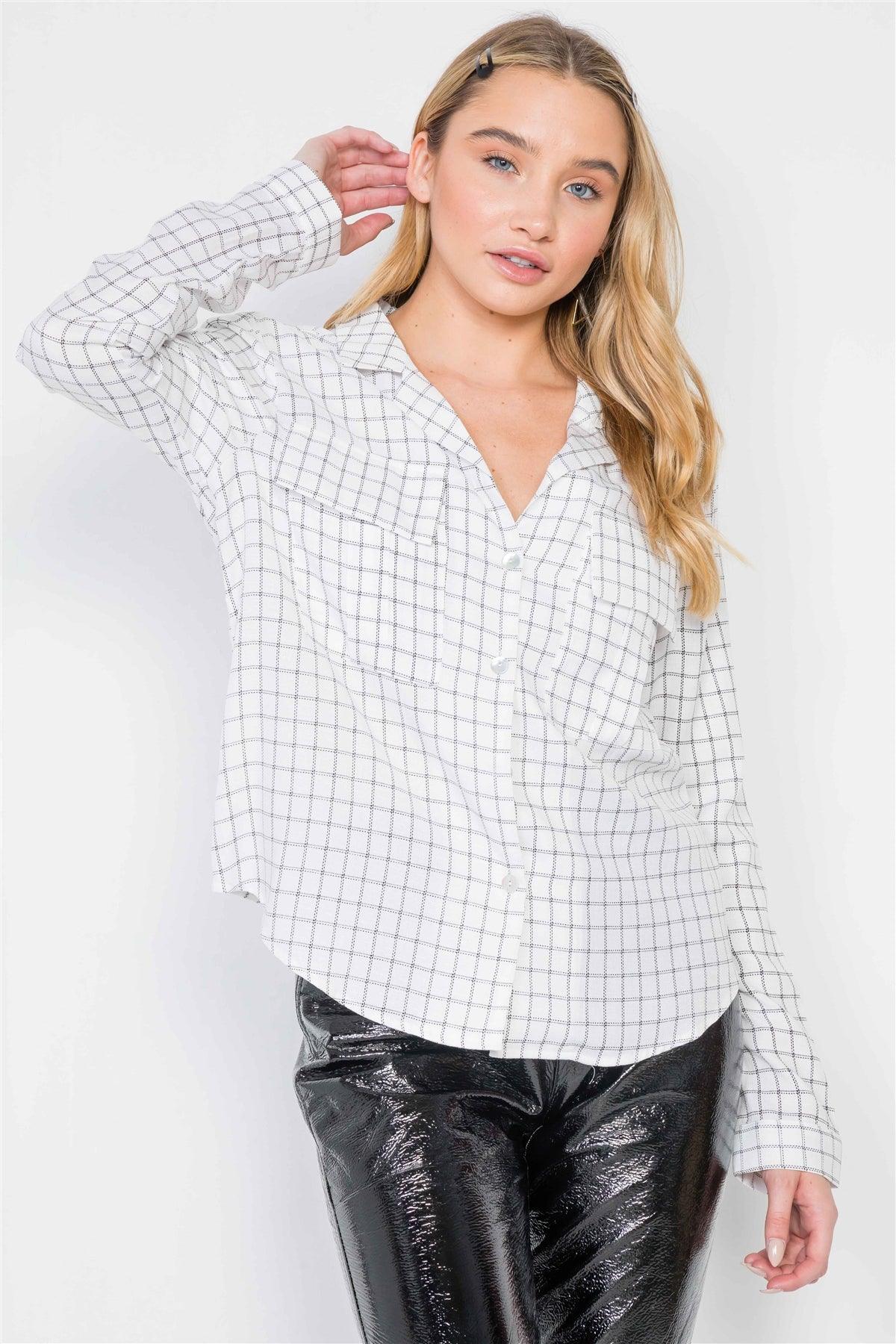 White Plaid Button Down Long Sleeve Top /2-2-2