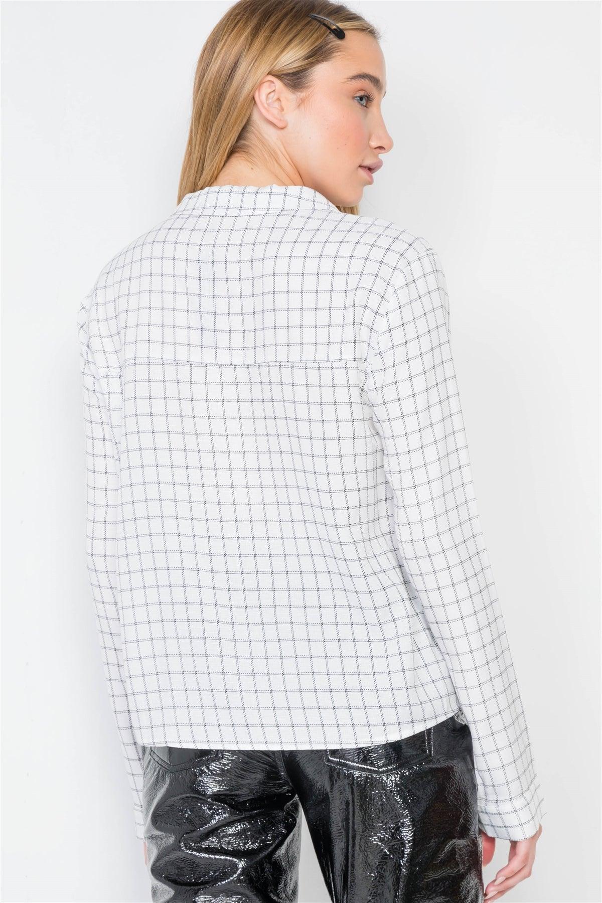 White Plaid Button Down Long Sleeve Top /2-2-2