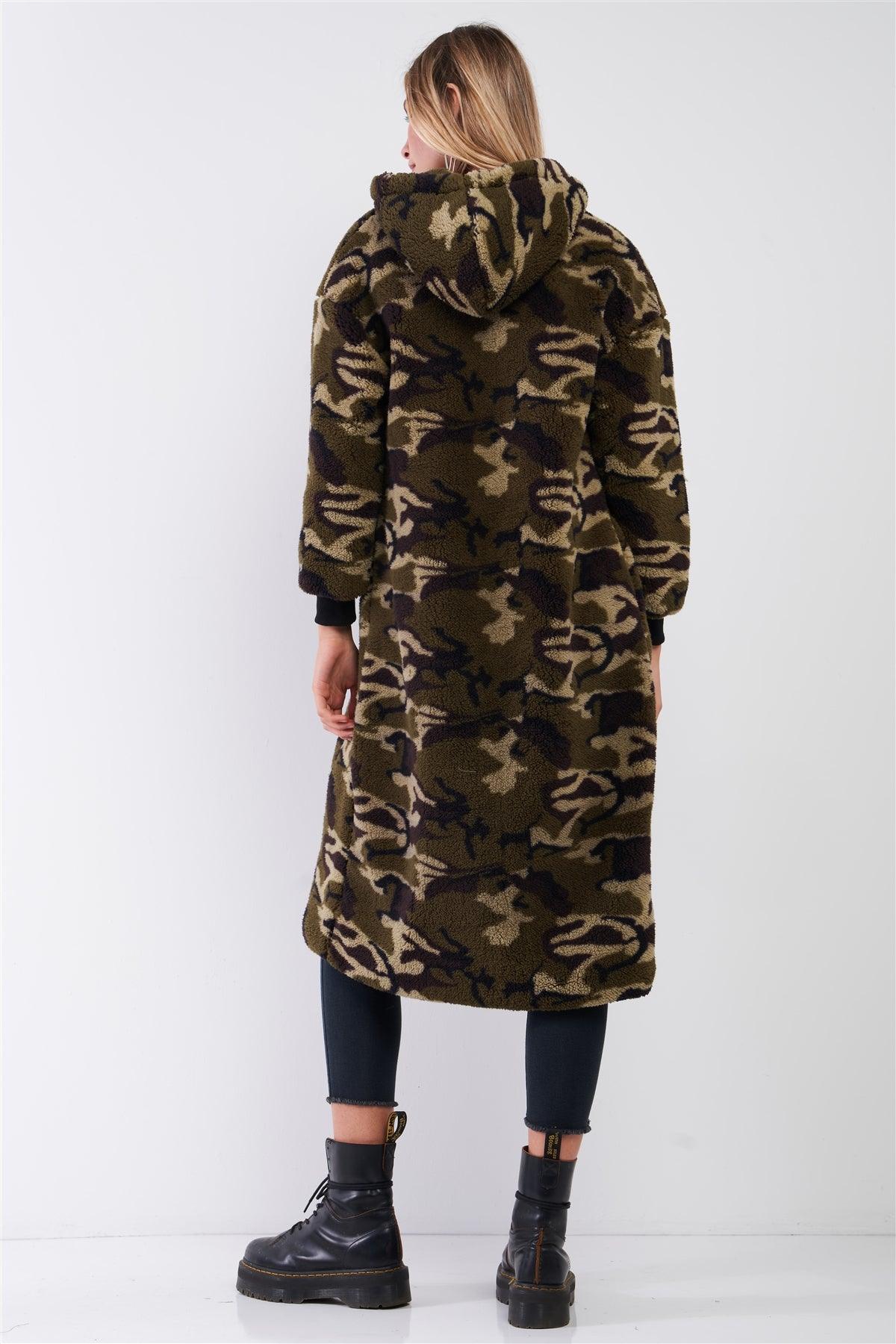 Green Camo Polar Fleece Zip-Up Front Fuzzy Midi Coat Jacket /1-2-2