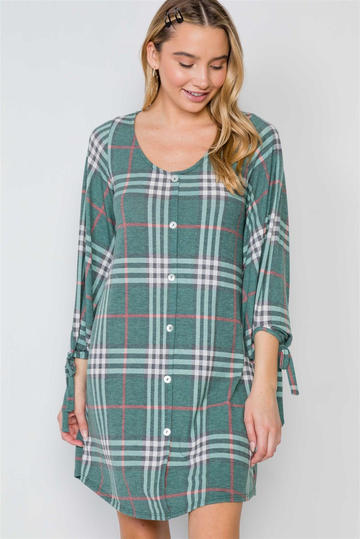 Green Plaid Casual Knit Button-Front Dress /2-2-2