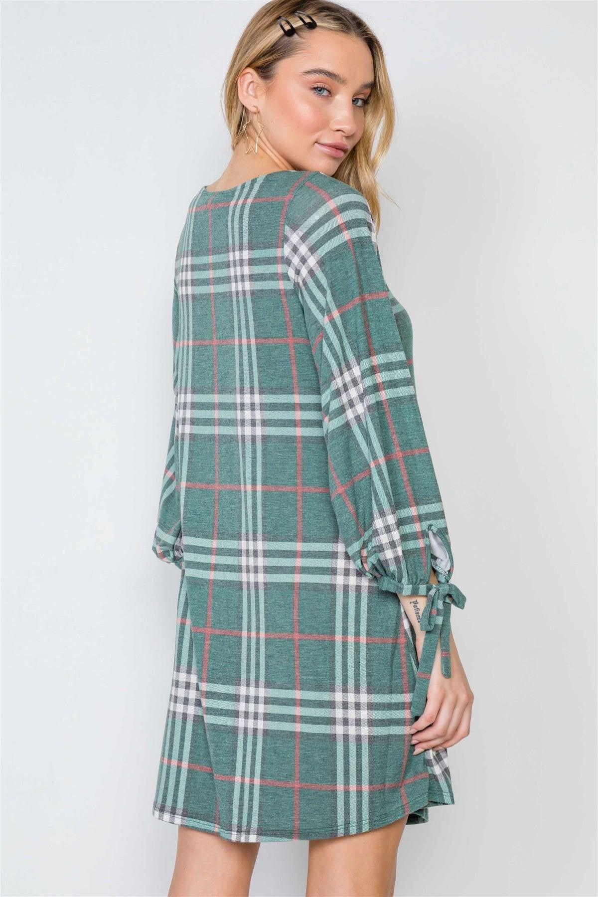 Green Plaid Casual Knit Button-Front Dress /2-2-2