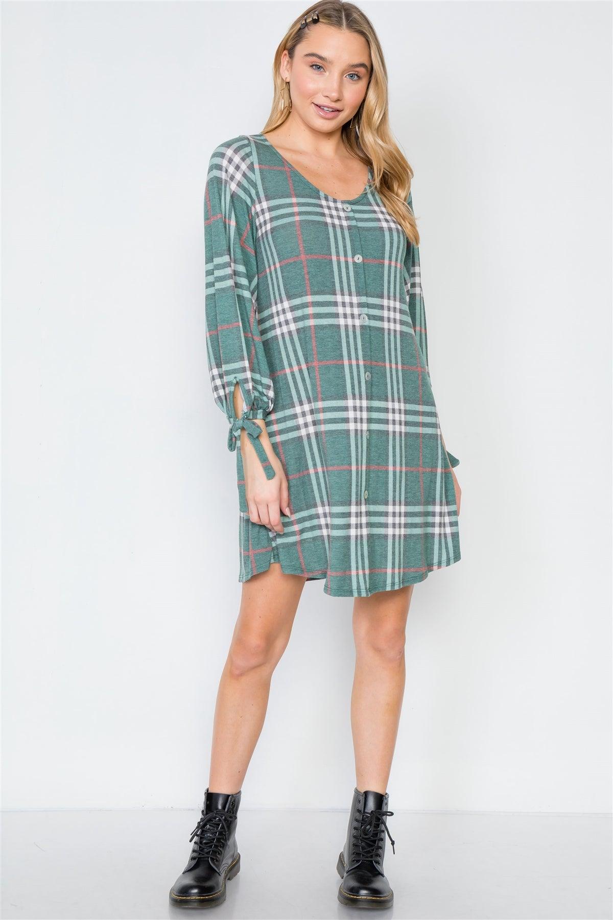 Green Plaid Casual Knit Button-Front Dress /2-2-2