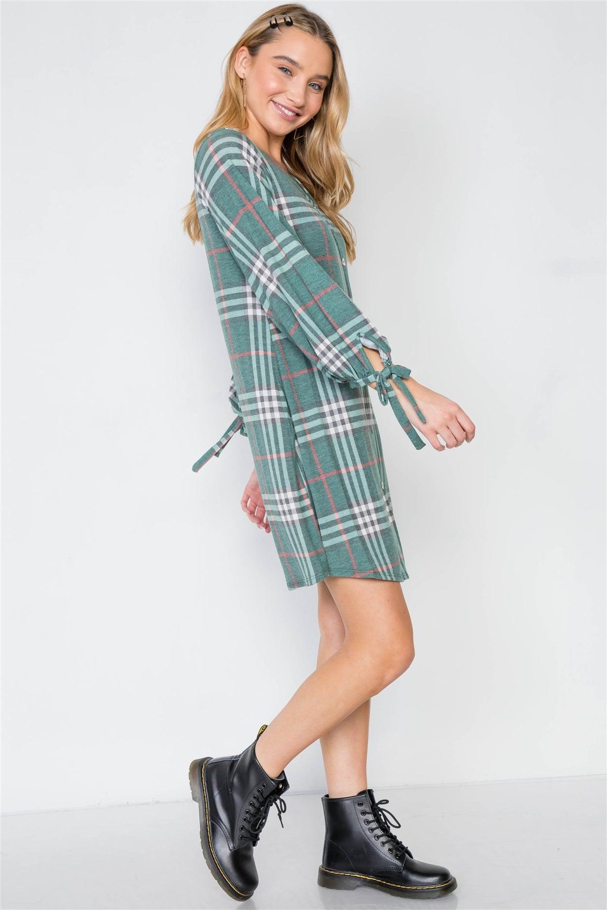 Green Plaid Casual Knit Button-Front Dress /2-2-2