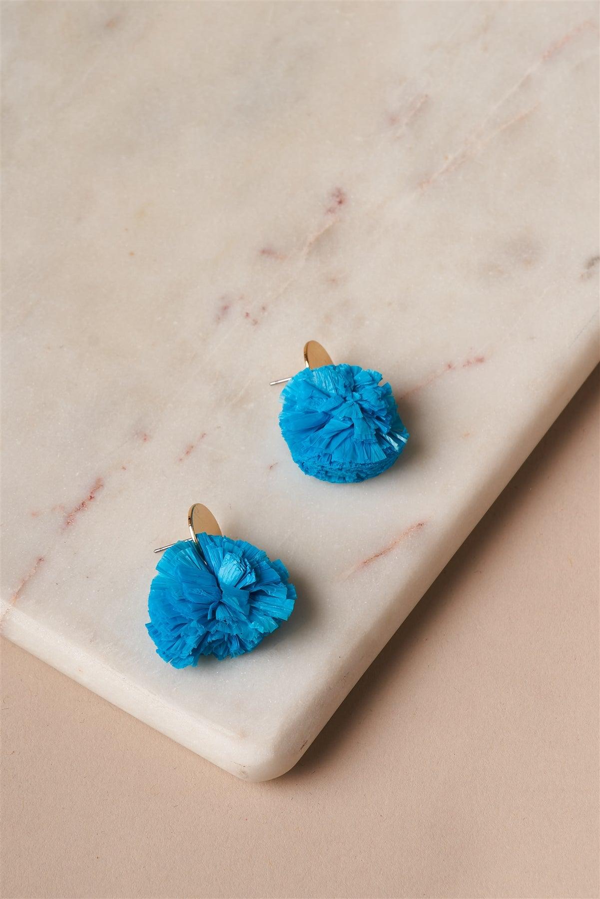 Blue Raffia Pom Pom Earrings /3 Pairs