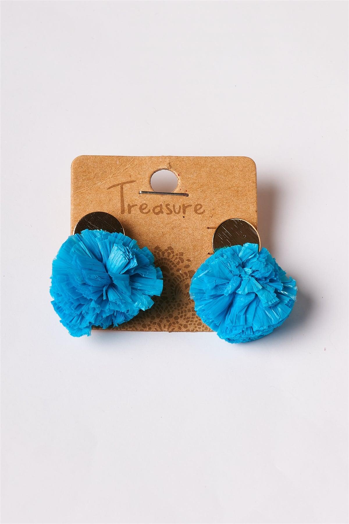 Blue Raffia Pom Pom Earrings /3 Pairs