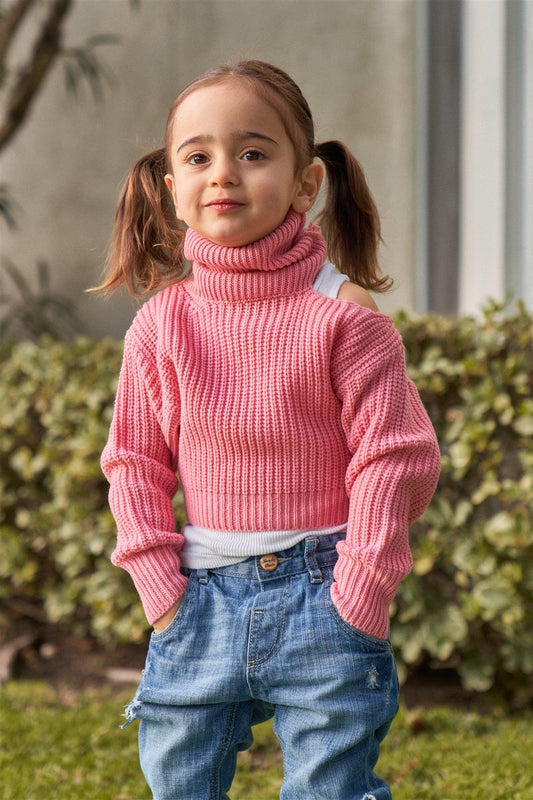 Girls Blush Pink Ribbed Knit Cut-Out Shoulder Detail Long Balloon-Y Sleeve Turtleneck Sweater /1-2-1-2