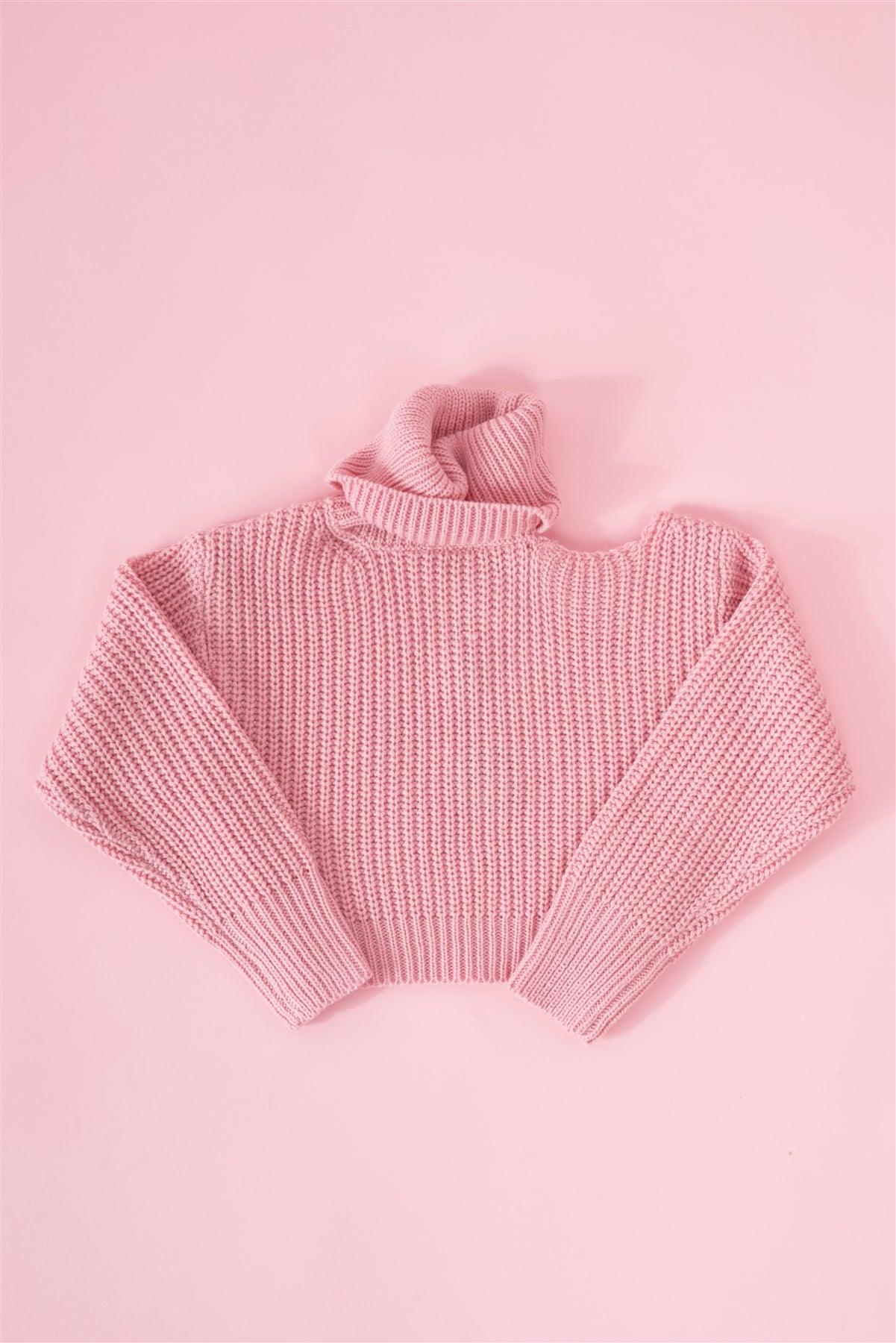 Girls Blush Pink Ribbed Knit Cut-Out Shoulder Detail Long Balloon-Y Sleeve Turtleneck Sweater /1-2-2-1-1