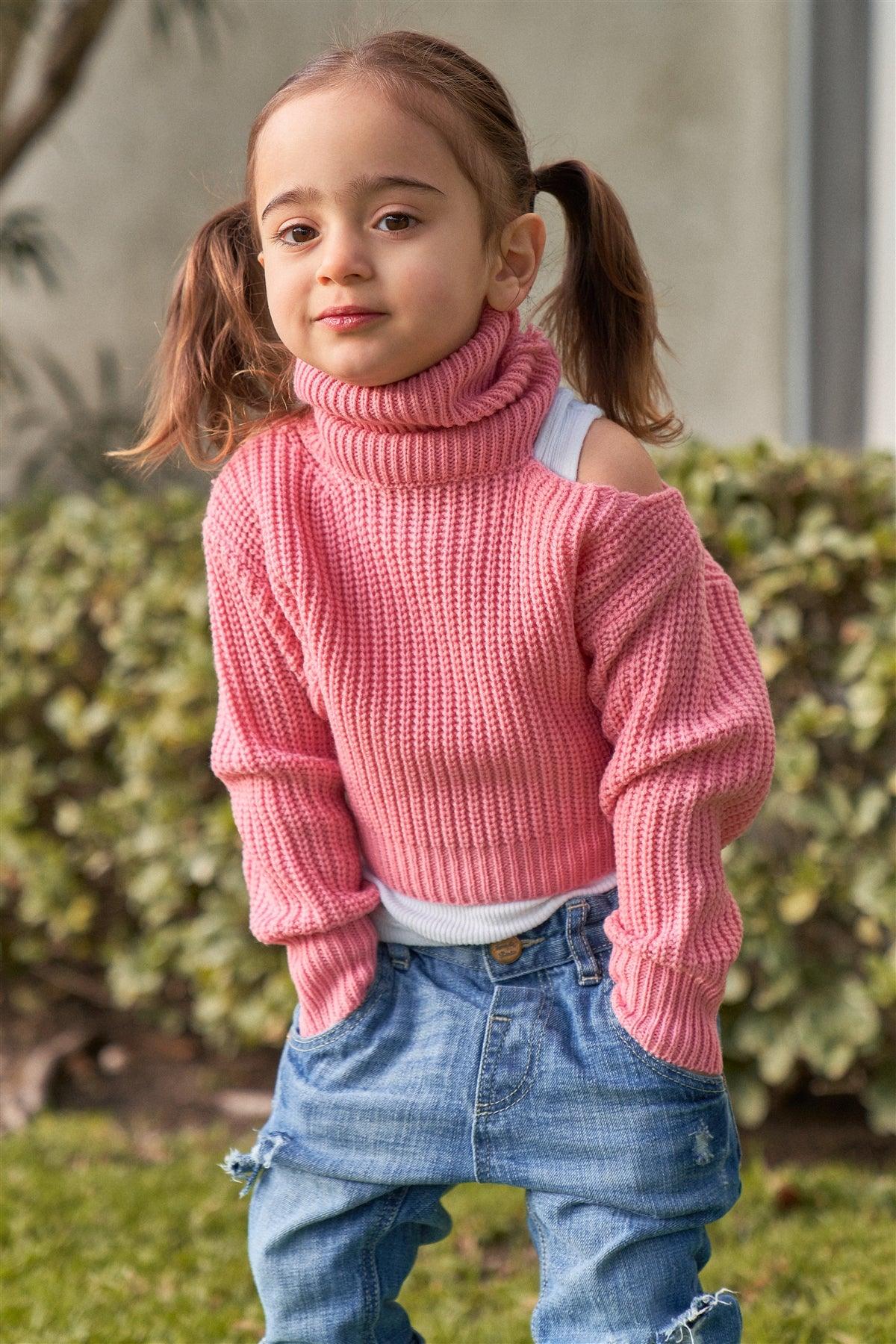 Girls Blush Pink Ribbed Knit Cut-Out Shoulder Detail Long Balloon-Y Sleeve Turtleneck Sweater /1-2-2-1-1