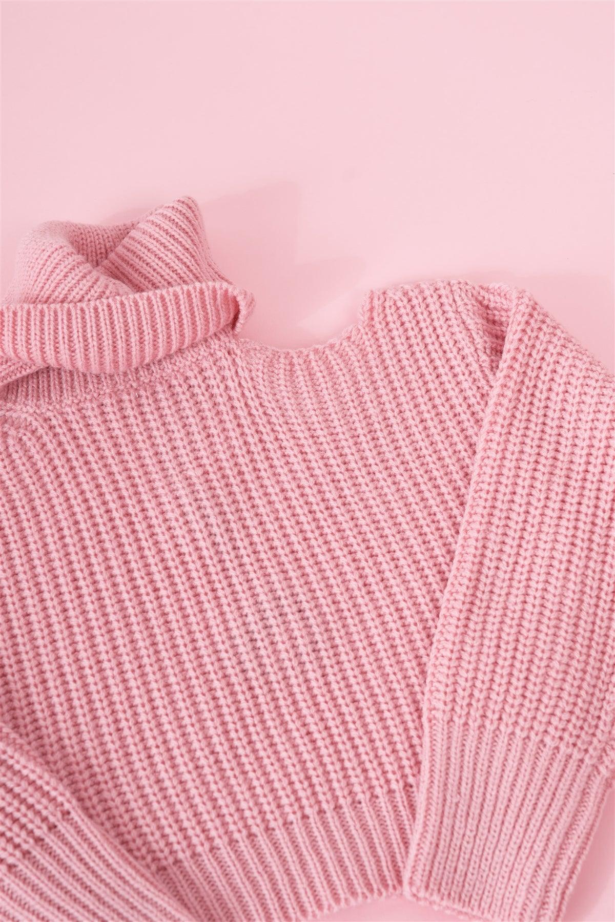 Girls Blush Pink Ribbed Knit Cut-Out Shoulder Detail Long Balloon-Y Sleeve Turtleneck Sweater /1-2-2-1-1