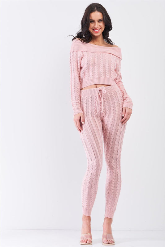 Mauve Woven Knit Off-The-Shoulder Crop Sweater Top & Self-Tie High Waist Skinny Pants Two-Piece Set