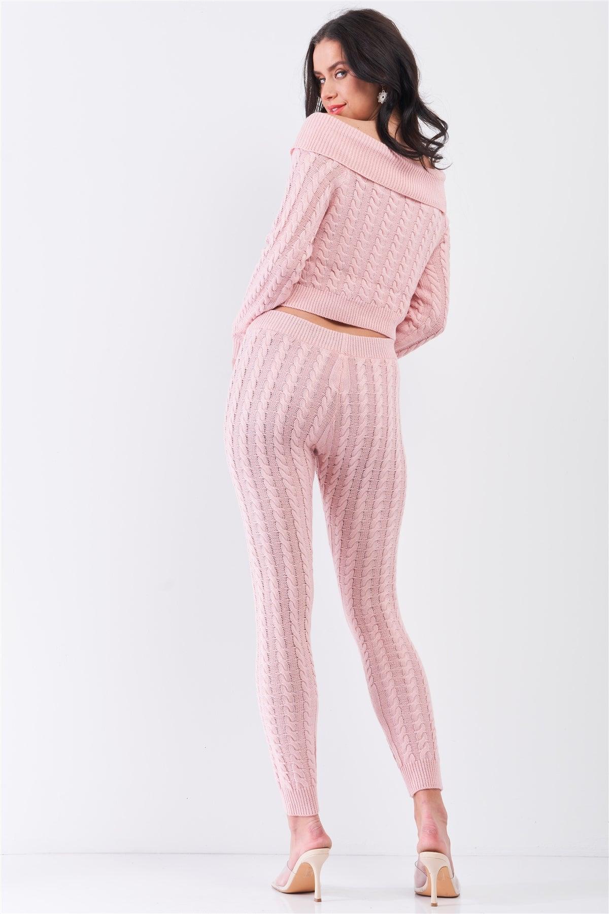 Mauve Woven Knit Off-The-Shoulder Crop Sweater Top & Self-Tie High Waist Skinny Pants Two-Piece Set