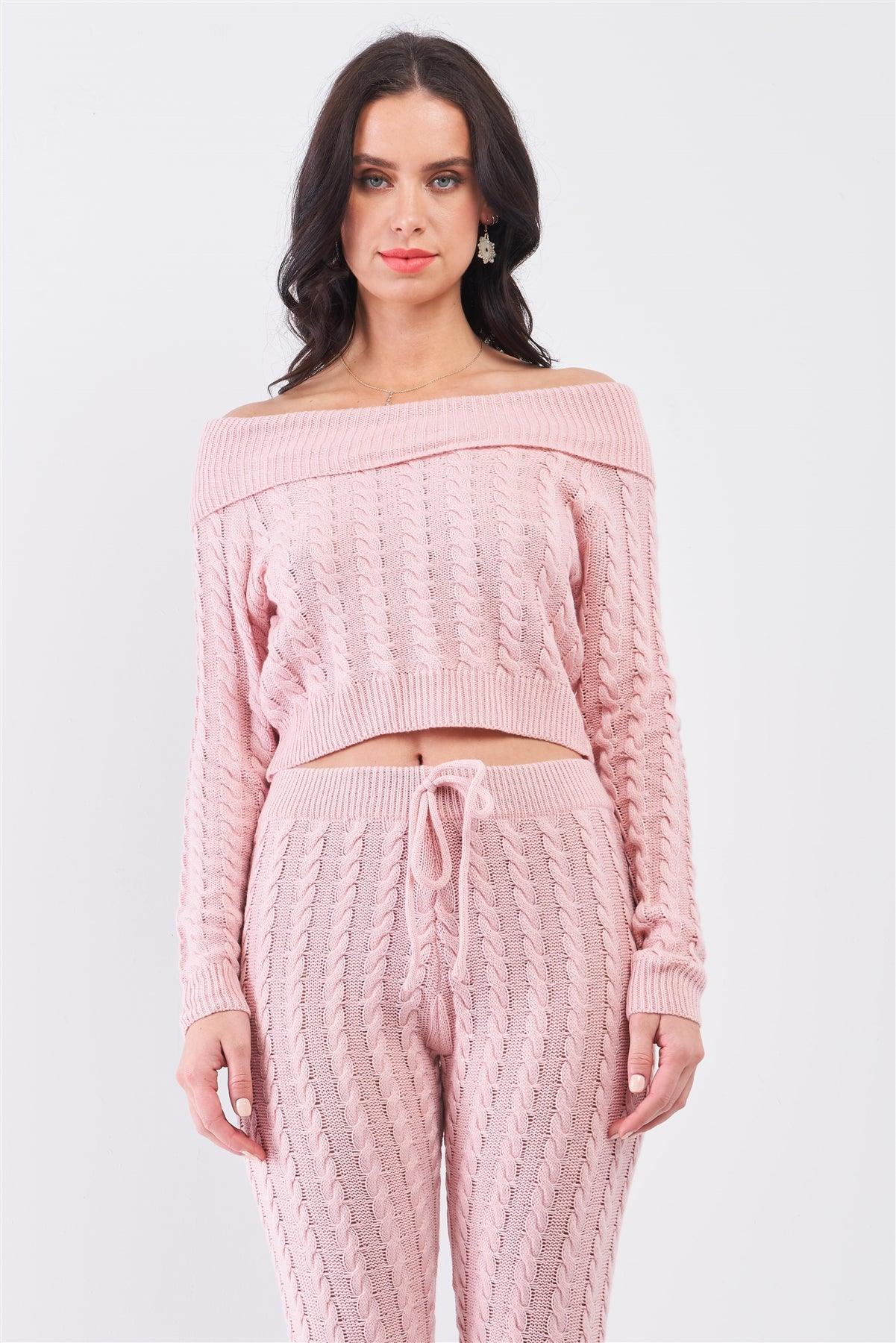 Mauve Woven Knit Off-The-Shoulder Crop Sweater Top & Self-Tie High Waist Skinny Pants Two-Piece Set