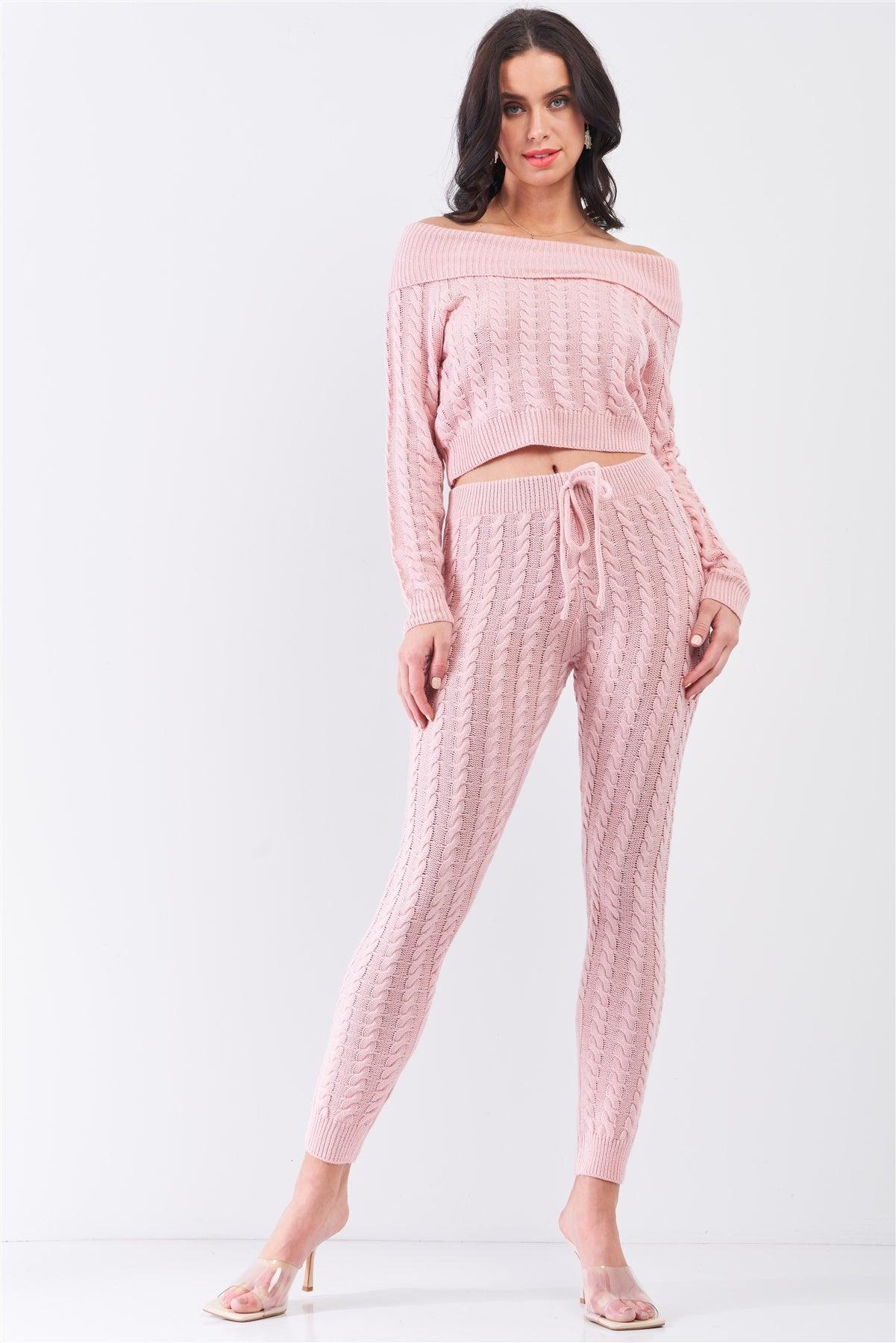 Mauve Woven Knit Off-The-Shoulder Crop Sweater Top & Self-Tie High Waist Skinny Pants Two-Piece Set