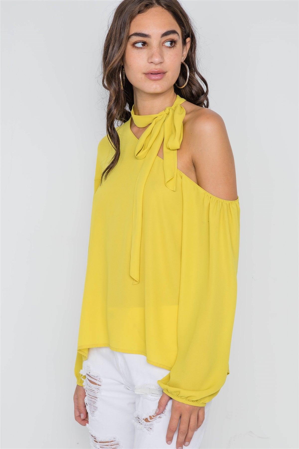 Bright Mustard Open Shoulder Front-Tie Top /2-2-2