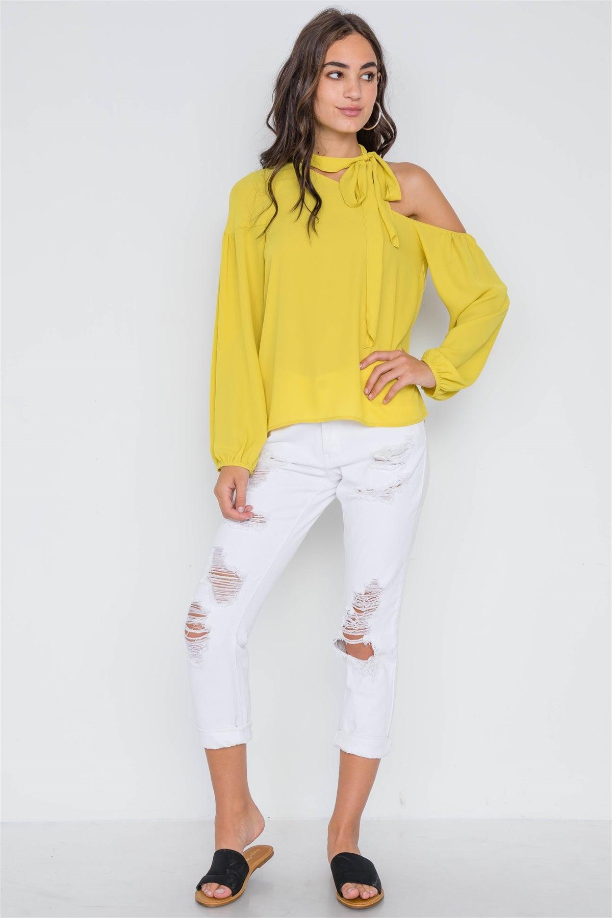 Bright Mustard Open Shoulder Front-Tie Top /2-2-2