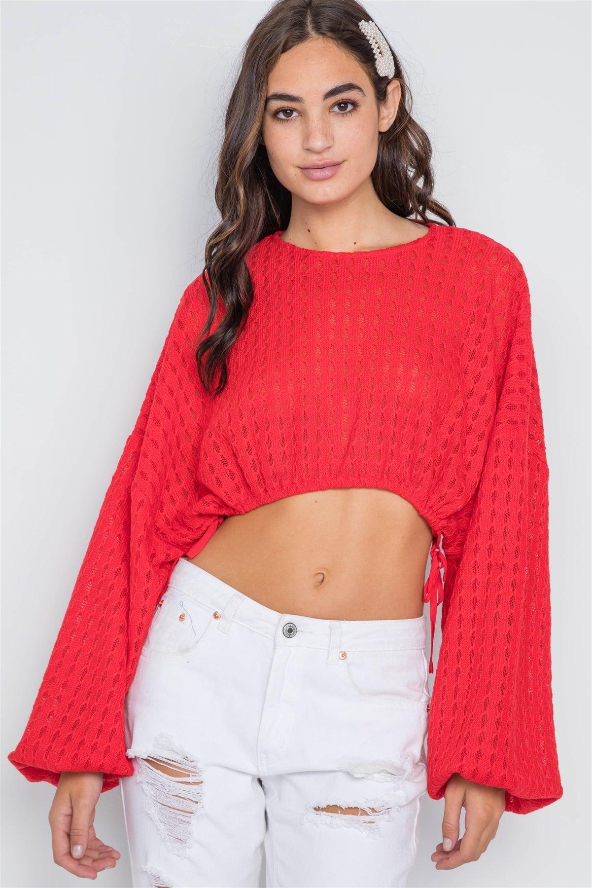 Red Cropped Long Sleeve Sweater /2-2-2 - Tasha Apparel Wholesale