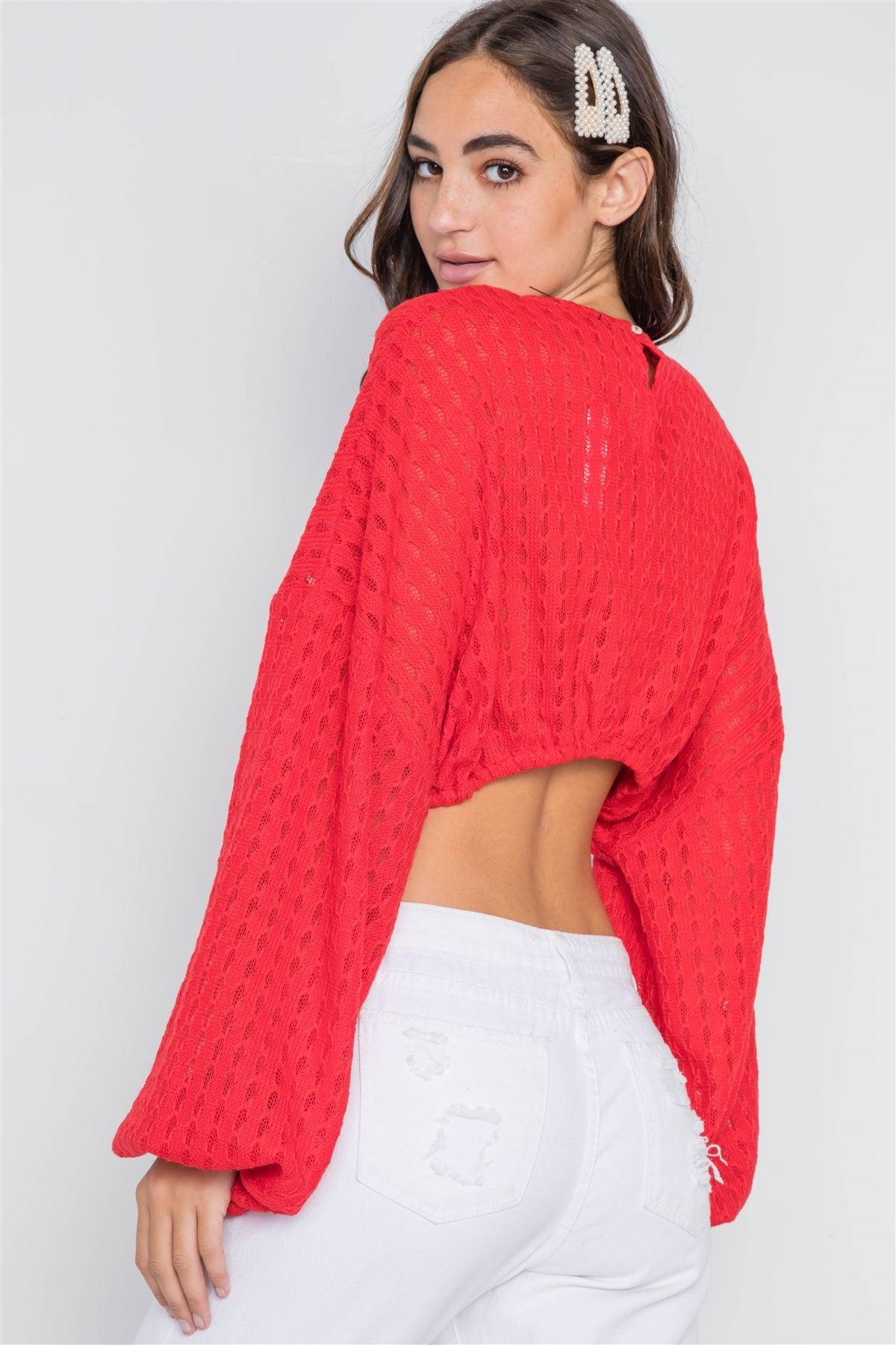 Red Cropped Long Sleeve Sweater /2-2-2 - Tasha Apparel Wholesale