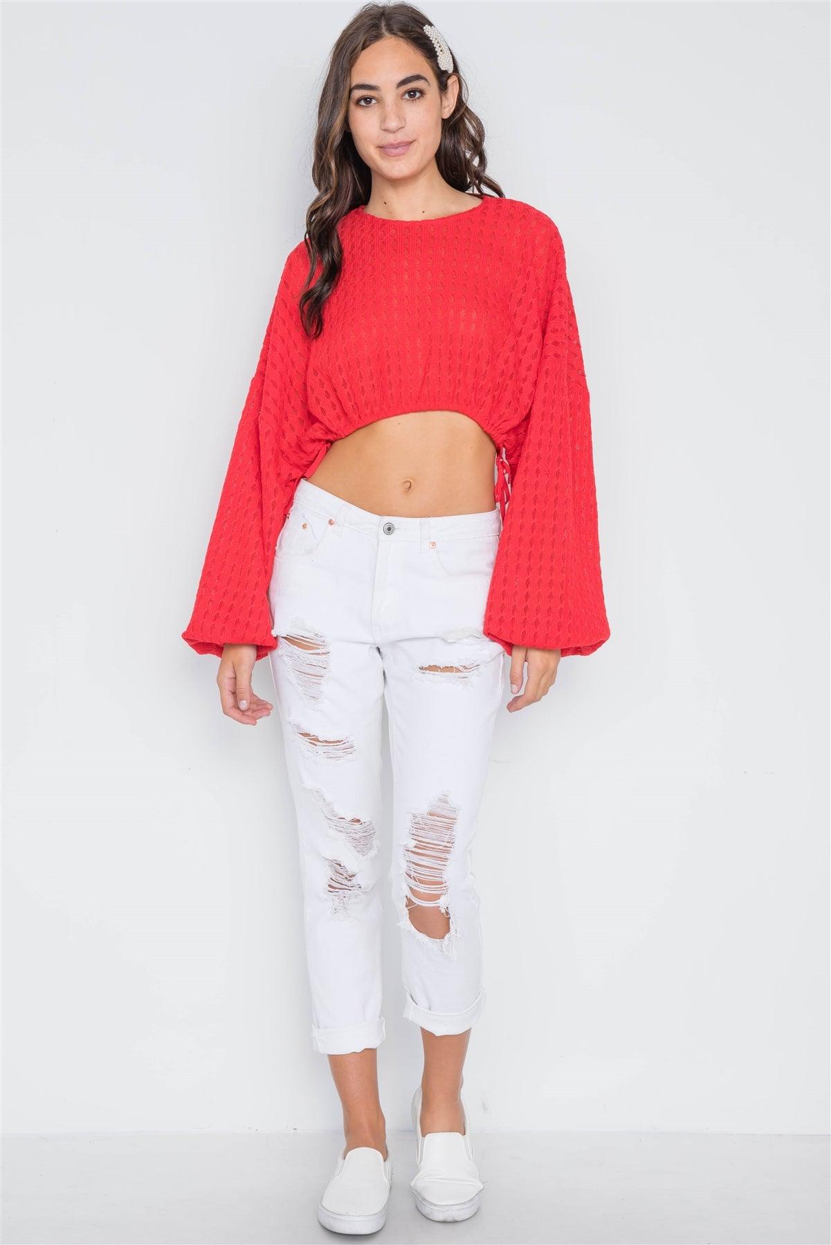 Red Cropped Long Sleeve Sweater /2-2-2 - Tasha Apparel Wholesale