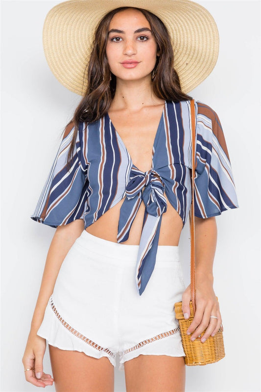 Navy Stripe Print Fiesta Waist Tie Crop Top