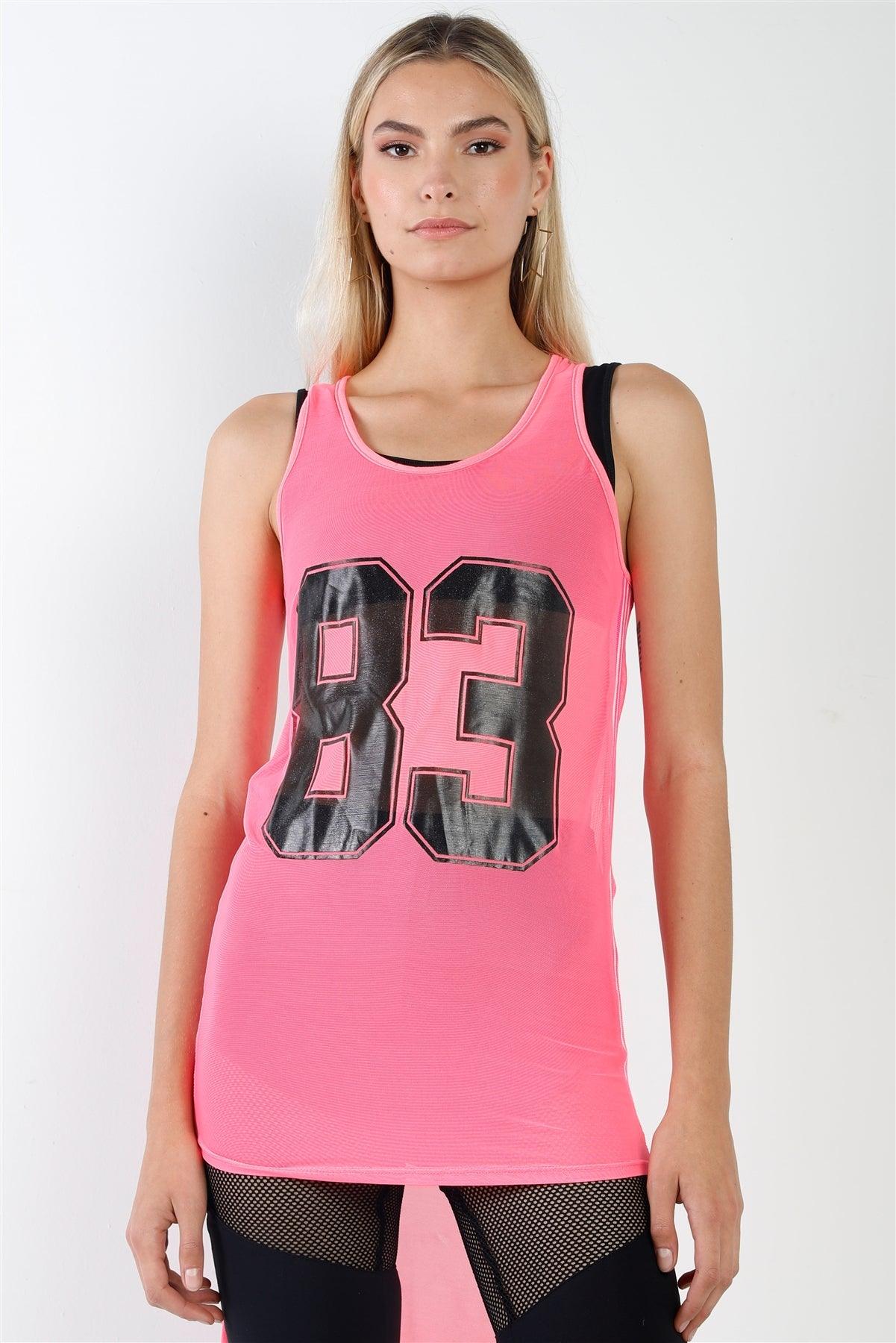 Neon Pink Sheer Sleeveless Large Print Detail Tennis Top /1-2-2-1