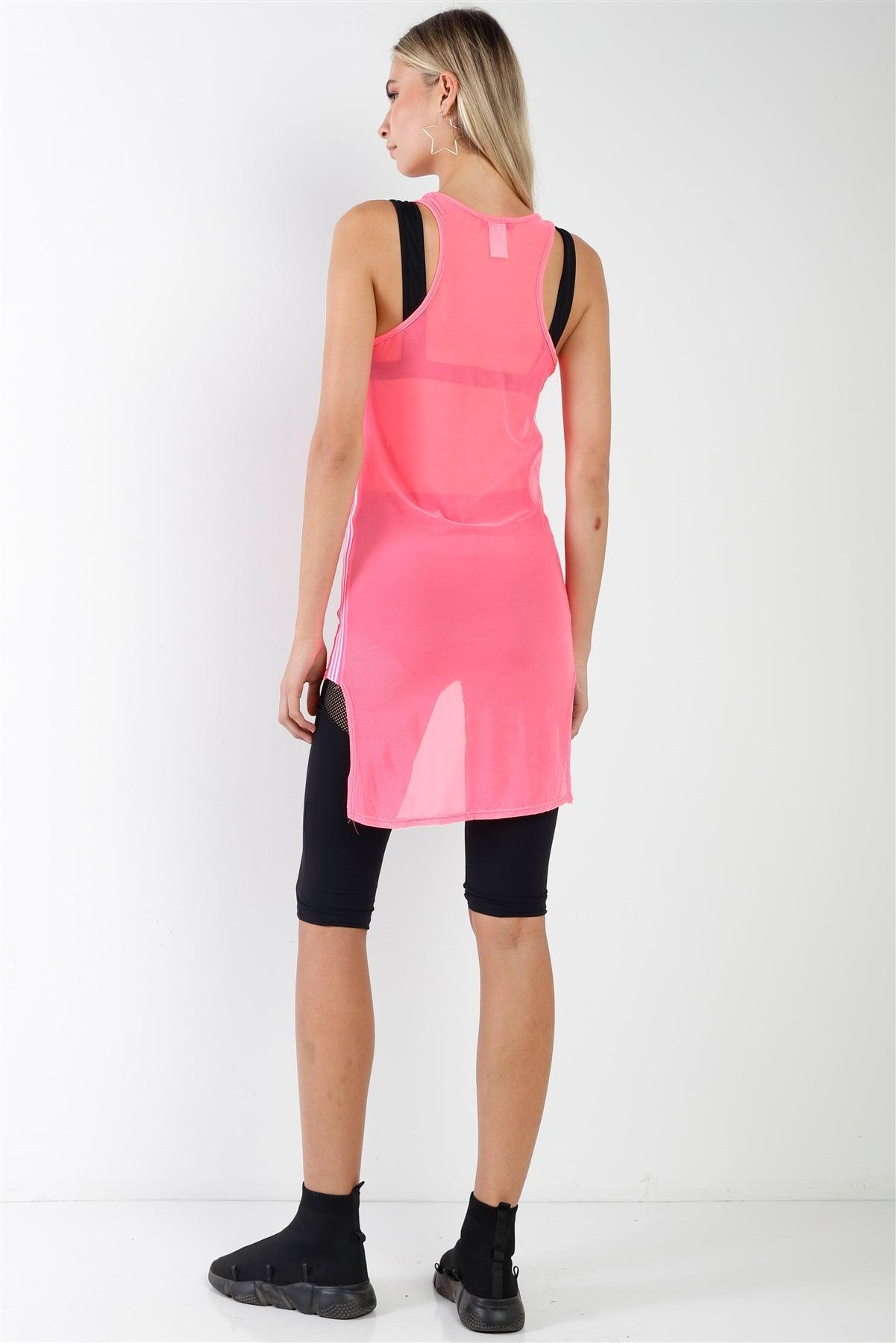 Neon Pink Sheer Sleeveless Large Print Detail Tennis Top /1-2-2-1