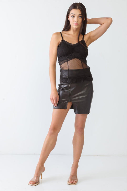 Black Sheer Mesh Lace Sleeveless Push-Up Bustier Top /6-4